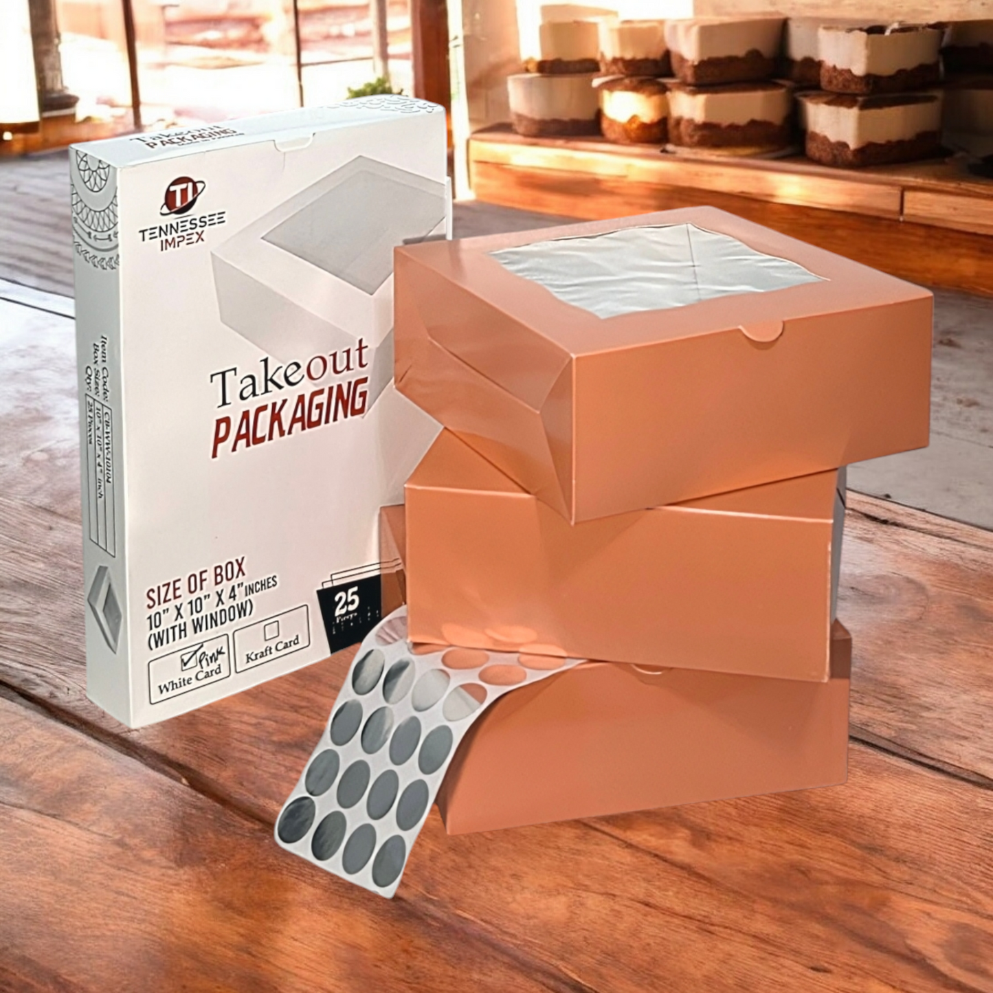 100 Pink/Peach Bakery Cake Boxes with Window – 10x10x4 Inches | Sturdy, Elegant Packaging for Cakes, Cupcakes, Pies & Treats