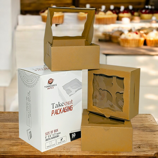 50-Pack Kraft Board Cupcake Boxes for 4 Pastries | Durable, Easy-to-Assemble Packaging for Weddings, Birthdays, Holidays & Special Occasions – 6x6x3" Size