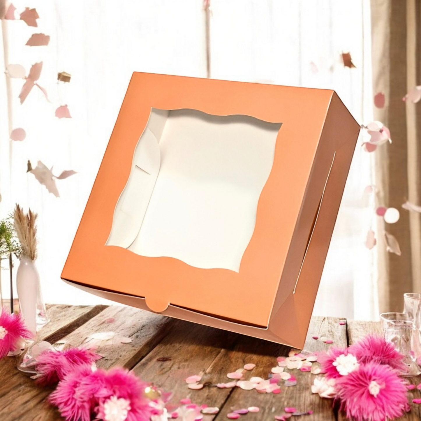 100 Pink/Peach Bakery Cake Boxes with Window – 10x10x4 Inches | Sturdy, Elegant Packaging for Cakes, Cupcakes, Pies & Treats