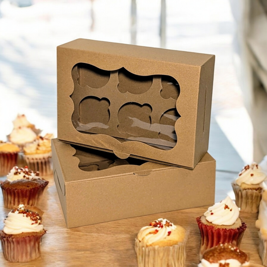 100-Pack Kraft Board Cupcake Boxes for 6 Pastries | Sturdy, Easy-to-Assemble Packaging for Weddings, Birthdays, Holidays & Special Events – 9x6x3" Size