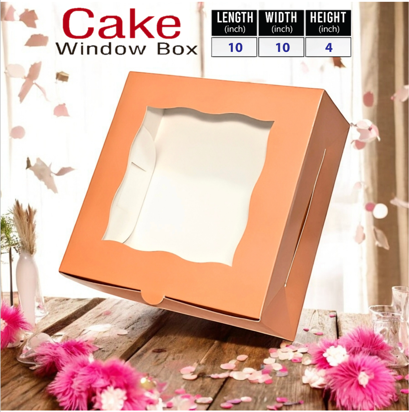 100 Pink/Peach Bakery Cake Boxes with Window – 10x10x4 Inches | Sturdy, Elegant Packaging for Cakes, Cupcakes, Pies & Treats