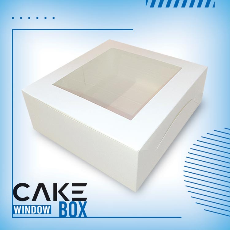 White cake box with a clear window, closed, on a light background