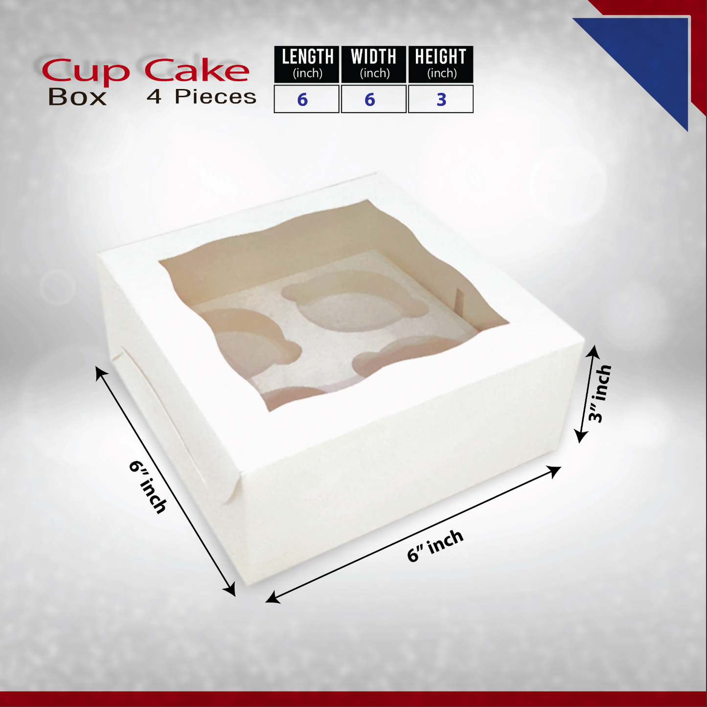 White Cupcake Box with window and insert for 4 cupcakes