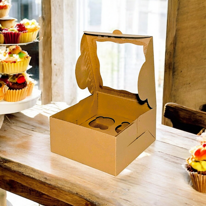 50-Pack Kraft Board Cupcake Boxes for 4 Pastries | Durable, Easy-to-Assemble Packaging for Weddings, Birthdays, Holidays & Special Occasions – 6x6x3" Size