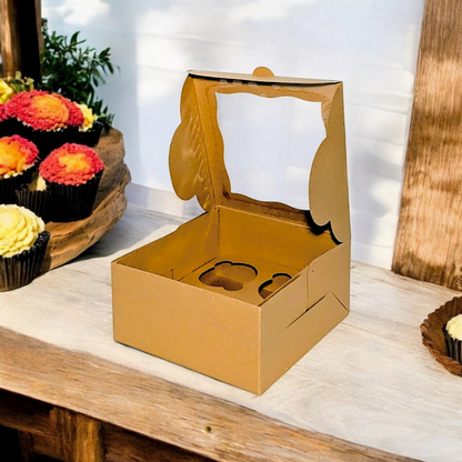 50-Pack Kraft Board Cupcake Boxes for 4 Pastries | Durable, Easy-to-Assemble Packaging for Weddings, Birthdays, Holidays & Special Occasions – 6x6x3" Size