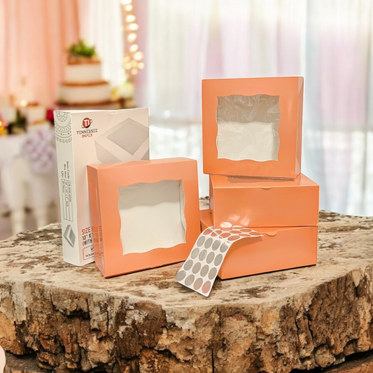 100 Pink / Peachy Pink Bakery Cake Boxes with Clear Window | Durable Bleach Board Take-Out Packaging for Cakes, Cupcakes, Pies, Donuts & Treats (10x10x4")