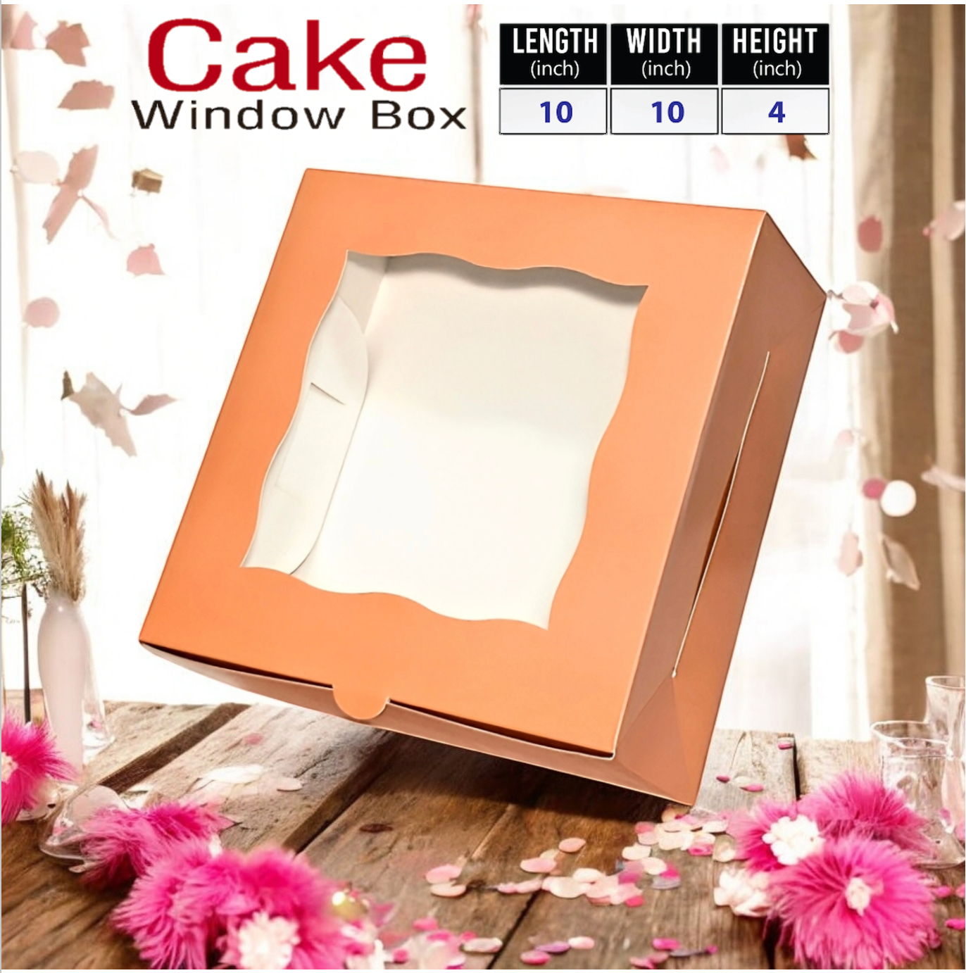 25 Pink / Peachy Pink Bakery Cake Boxes with Clear Window | Durable Bleach Board Take-Out Packaging for Cakes, Cupcakes, Pies, Donuts & Treats (10x10x4") (Copy)