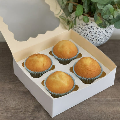 50-Pack White Cupcake Boxes for 4 Pastries | Sturdy, Easy-to-Assemble White Bleach Board Packaging for Weddings, Birthdays, Holidays & Special Occasions – 6x6x3" Size